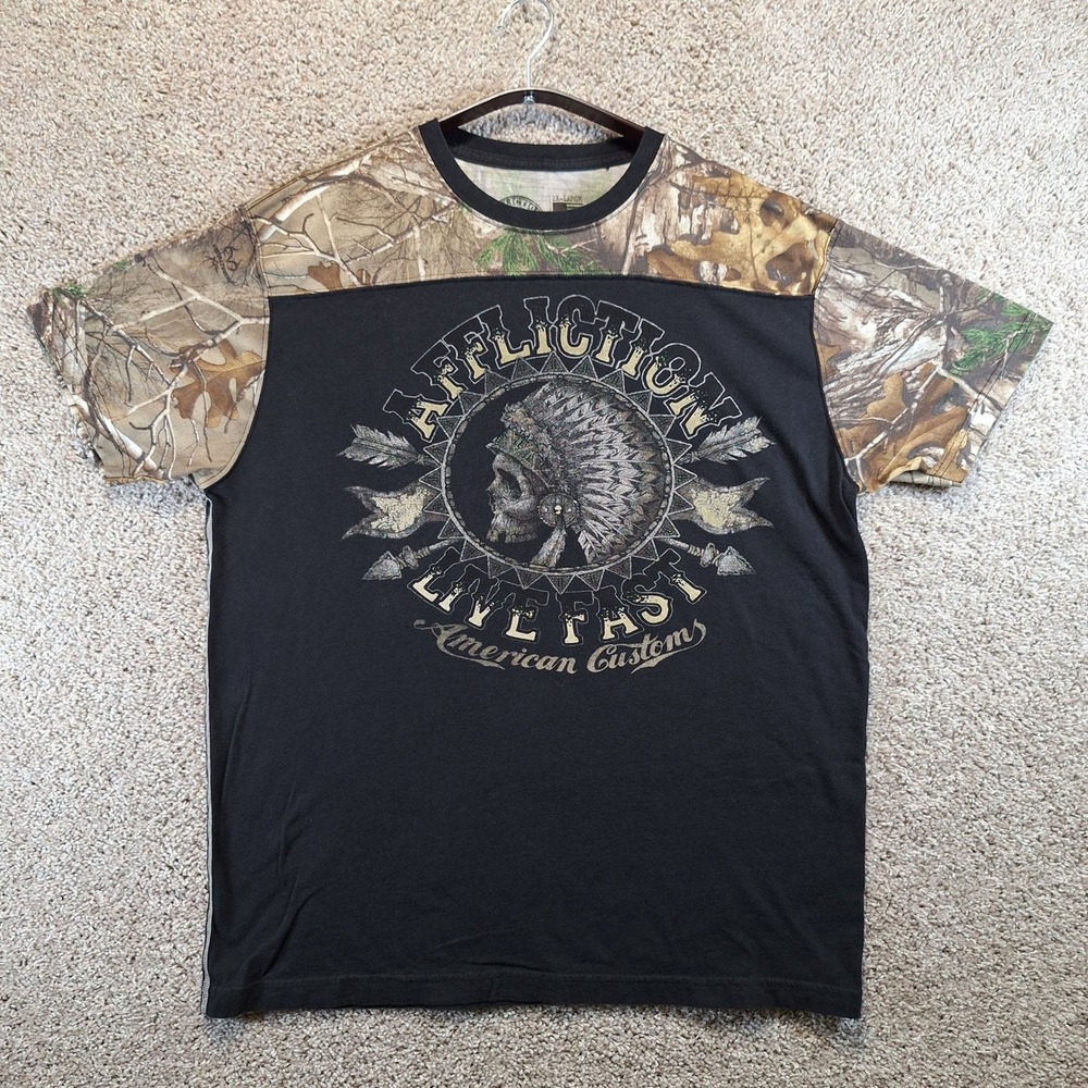 Affliction T Shirt Mens 2XL Black American Customs Camo Skull Goth Y2K